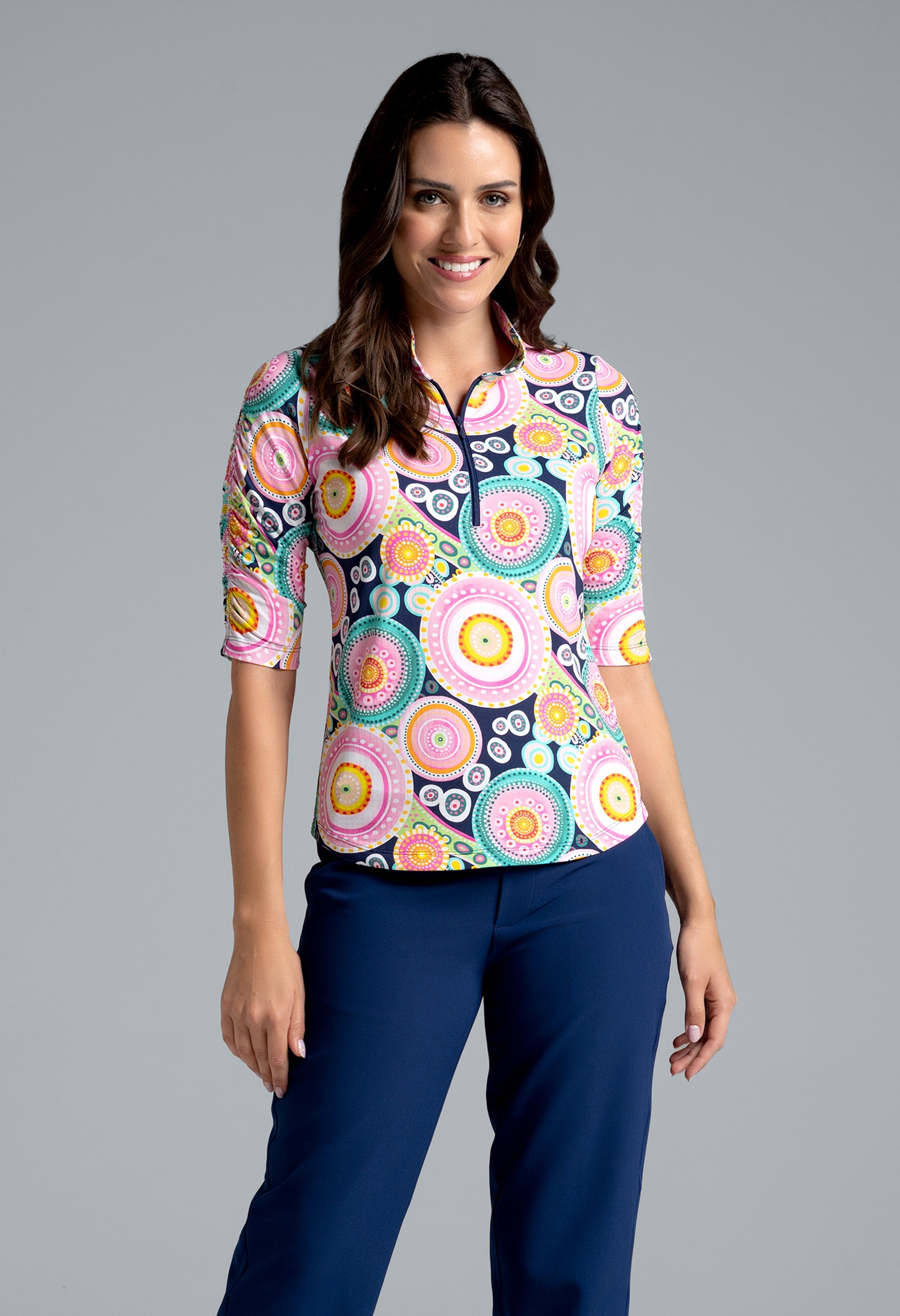 Leona Print Ruched Elbow Sleeve Top - 41933